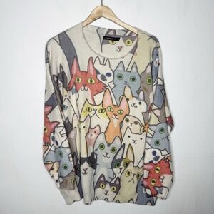 Luxveer Wool Blend Soft Colorful Cat Sweater AOP Womens Medium Oversized
